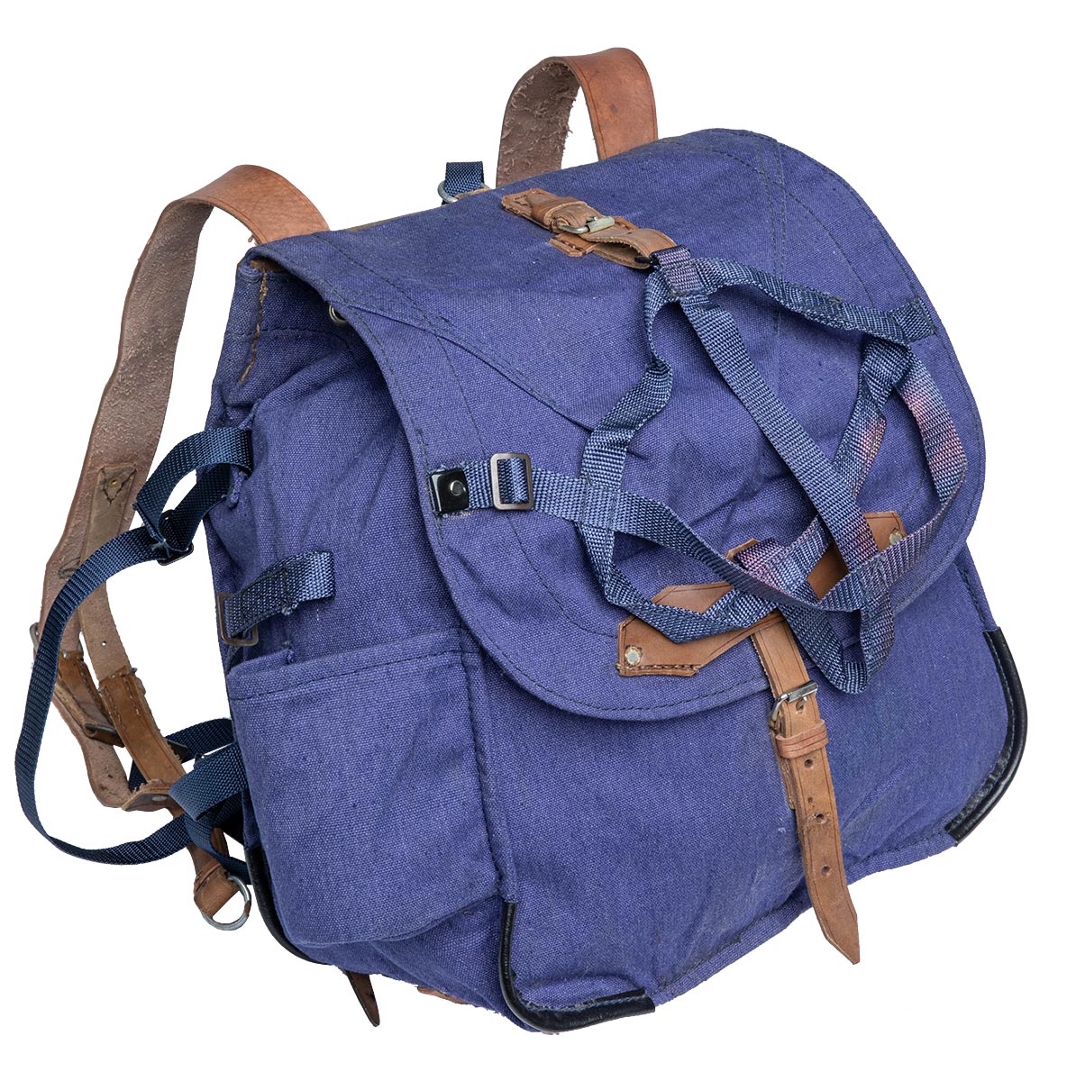 vintage Soviet Era Romanian army blue canvas backpack rucksack bag Communist leather straps webbing