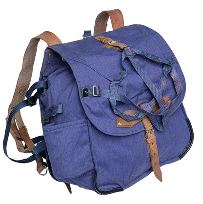 vintage Soviet Era Romanian army blue canvas backpack rucksack bag Communist leather straps webbing