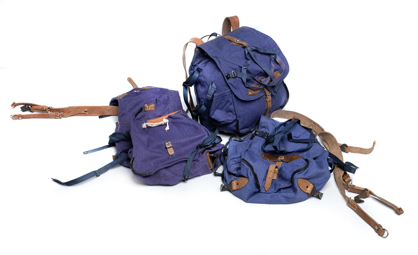 vintage Soviet Era Romanian army blue canvas backpack rucksack bag Communist leather straps webbing