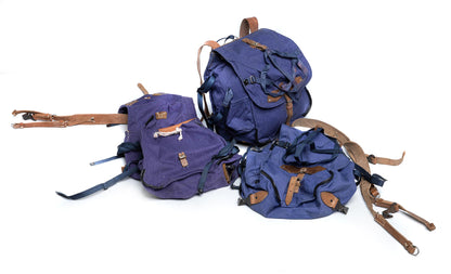vintage Soviet Era Romanian army blue canvas backpack rucksack bag Communist leather straps webbing