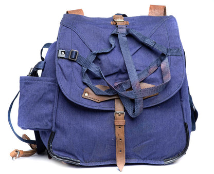 vintage Soviet Era Romanian army blue canvas backpack rucksack bag Communist leather straps webbing