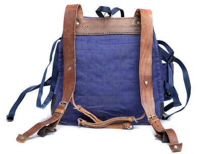 vintage Soviet Era Romanian army blue canvas backpack rucksack bag Communist leather straps webbing