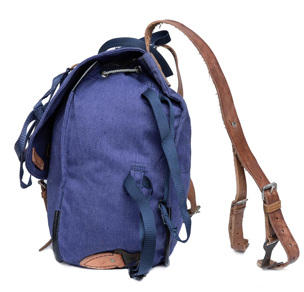 vintage Soviet Era Romanian army blue canvas backpack rucksack bag Communist leather straps webbing