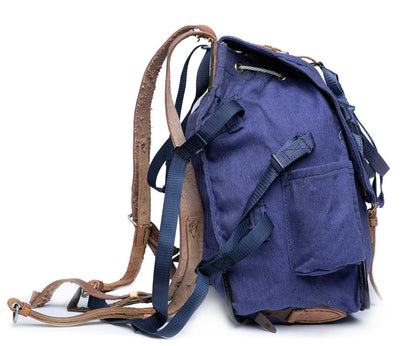 vintage Soviet Era Romanian army blue canvas backpack rucksack bag Communist leather straps webbing