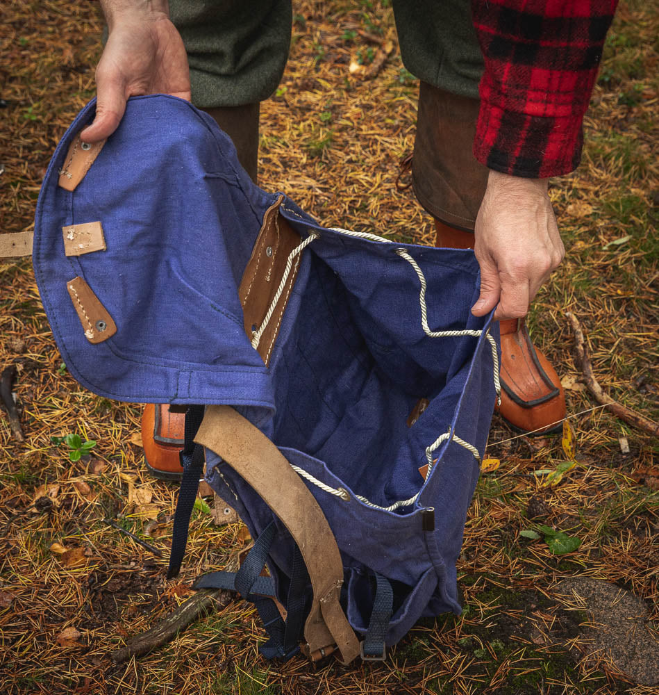 vintage Soviet Era Romanian army blue canvas backpack rucksack bag Communist leather straps webbing