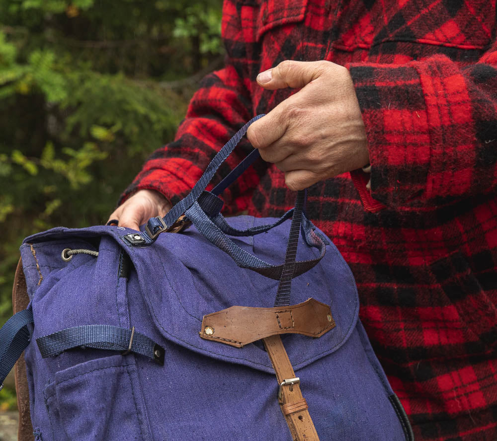 vintage Soviet Era Romanian army blue canvas backpack rucksack bag Communist leather straps webbing