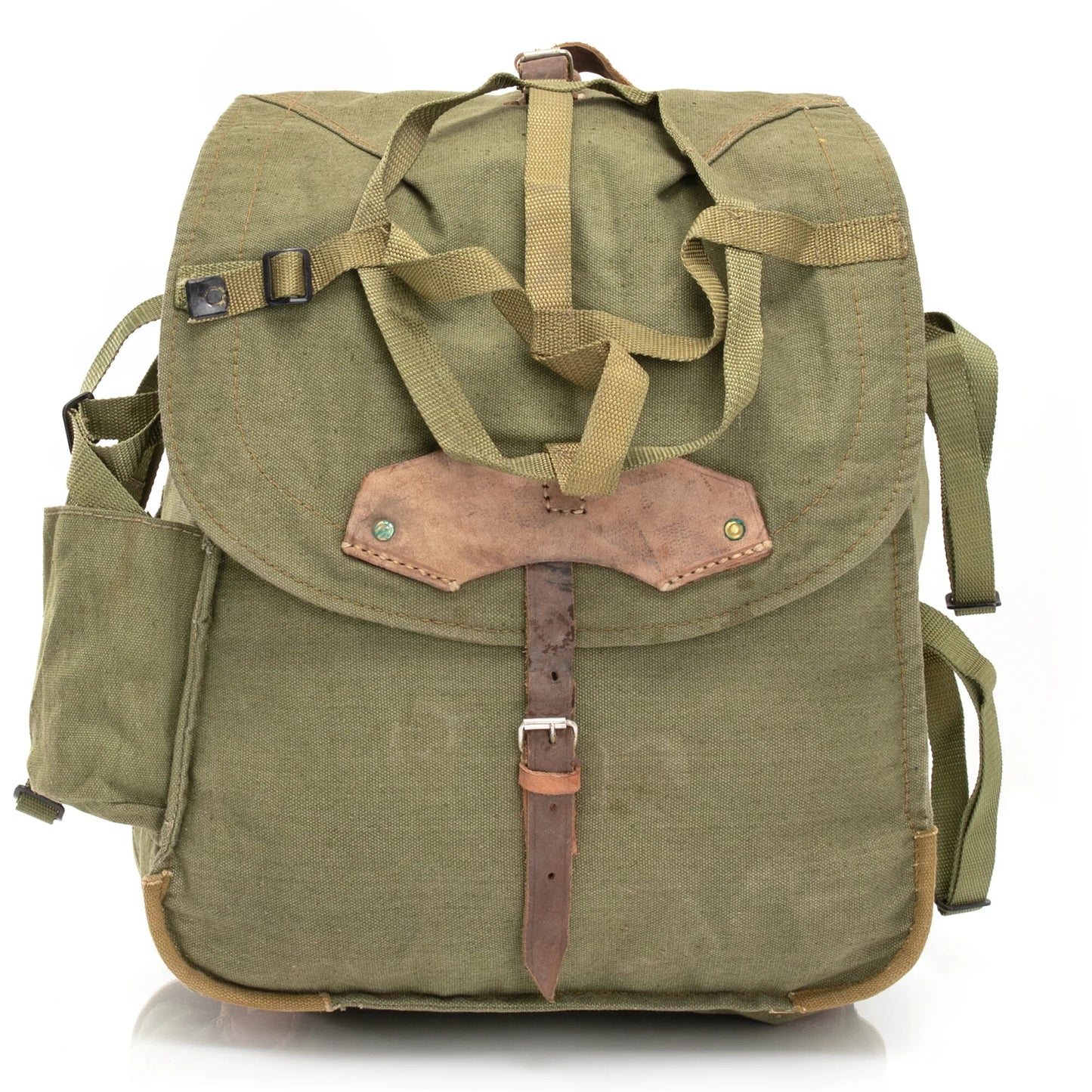 Vintage Romanian army canvas backpack rucksack bag Communist Soviet Era leather straps webbing