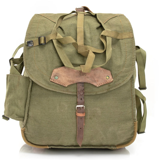 Vintage Romanian army canvas backpack rucksack bag Communist Soviet Era leather straps webbing