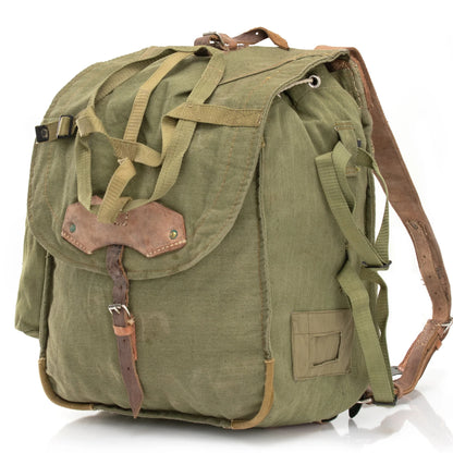 Vintage Romanian army canvas backpack rucksack bag Communist Soviet Era leather straps webbing