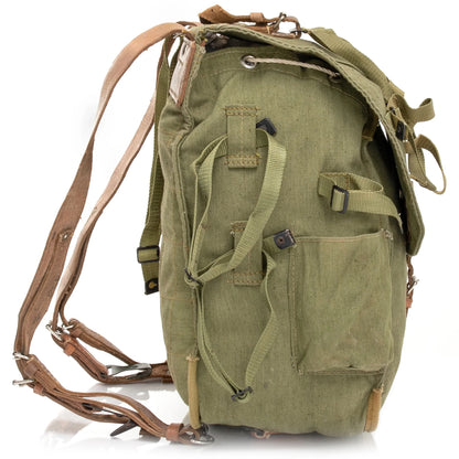 Vintage Romanian army canvas backpack rucksack bag Communist Soviet Era leather straps webbing