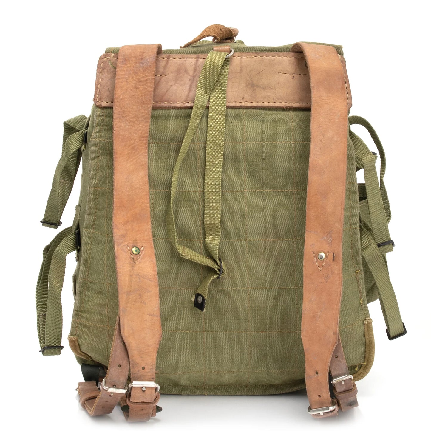 Vintage Romanian army canvas backpack rucksack bag Communist Soviet Era leather straps webbing