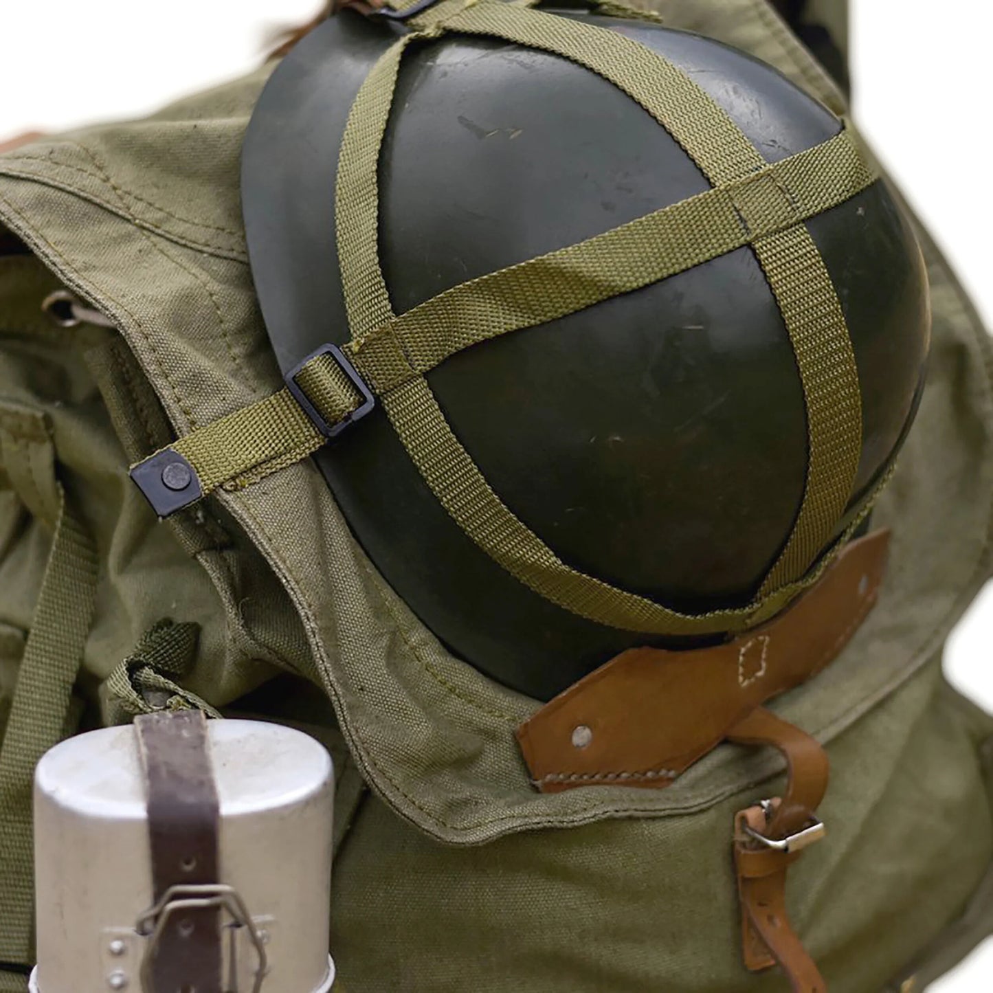 Vintage Romanian army canvas backpack rucksack bag Communist Soviet Era leather straps webbing