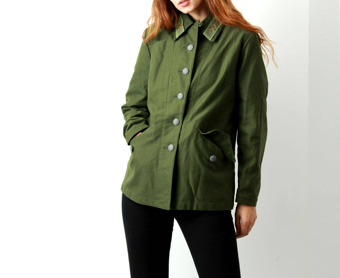 Vintage Women's 1960s 1970s Swedish Army jacket M59 military coat combat field collar tabs