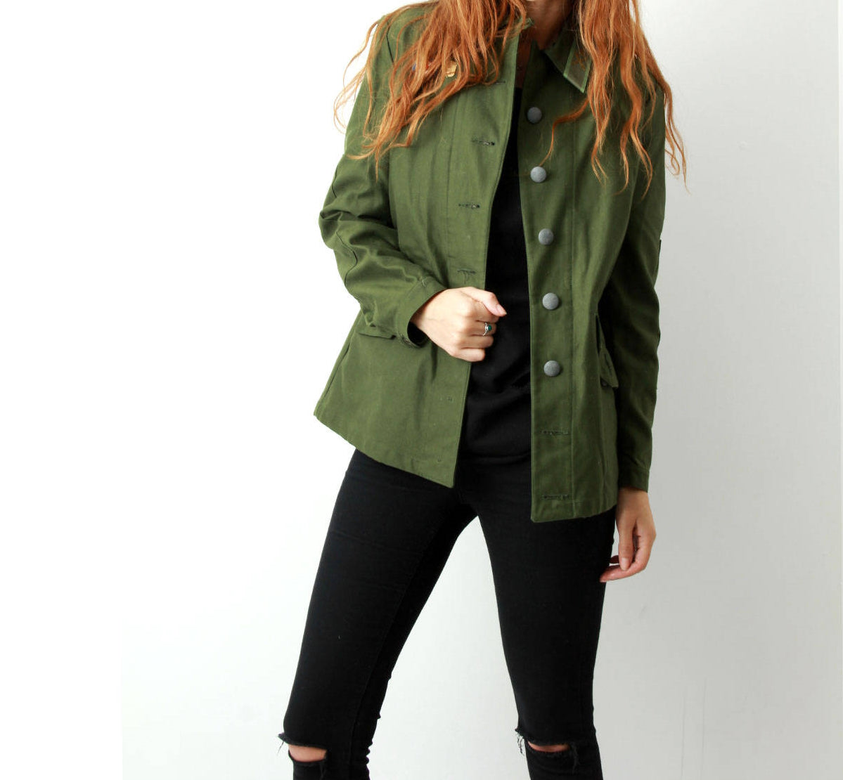 Vintage Women's 1960s 1970s Swedish Army jacket M59 military coat combat field collar tabs