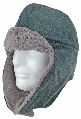 Vintage 1970s Swiss army grey wool faux fur lined winter hat cap Switzerland military