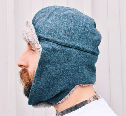 Vintage 1970s Swiss army grey wool faux fur lined winter hat cap Switzerland military